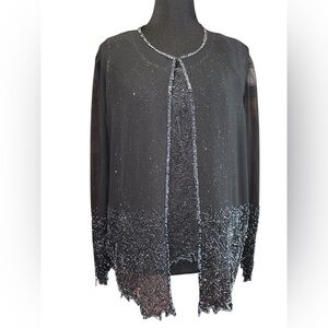 J Kara Vintage Elegant Black Beaded Chiffon jacket & Cami 2 Piece Top Size L